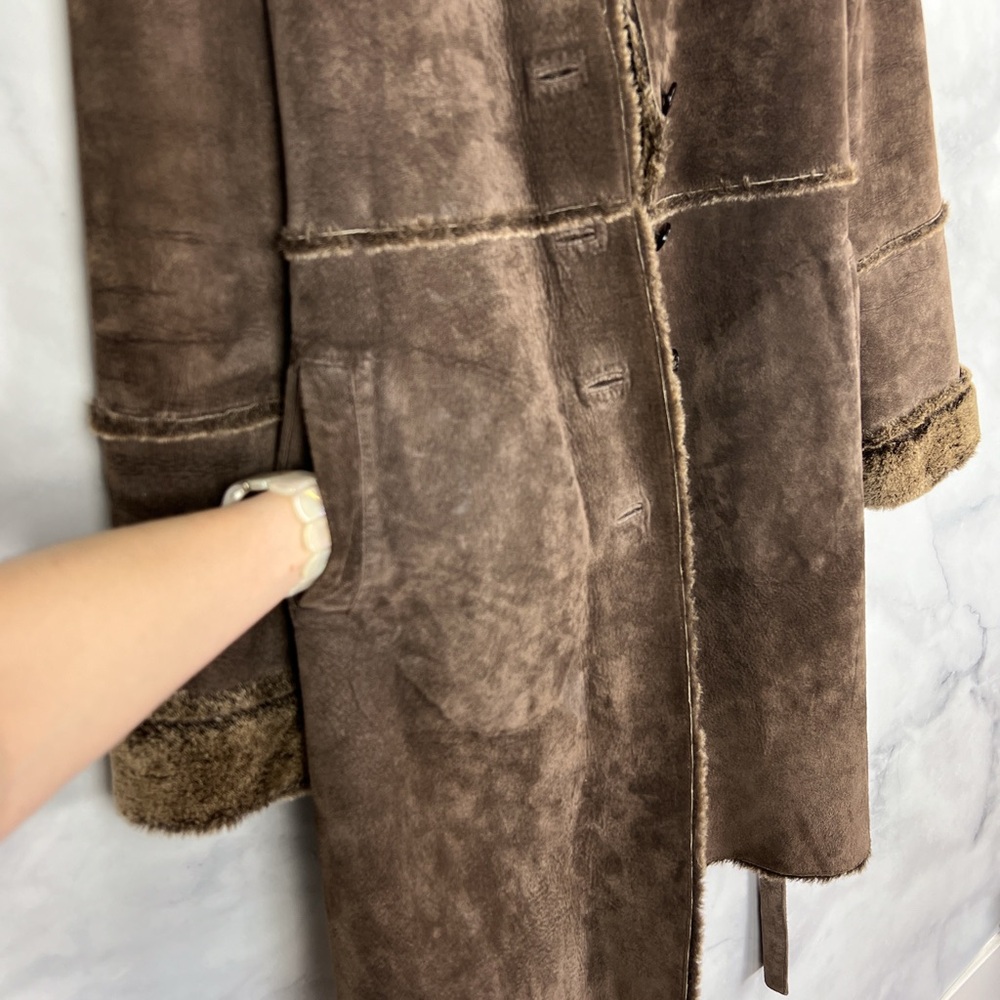 Express Vintage Y2K Suede Leather Faux Fur Belted Button Up Trench Coat Brown L - Picture 5 of 12